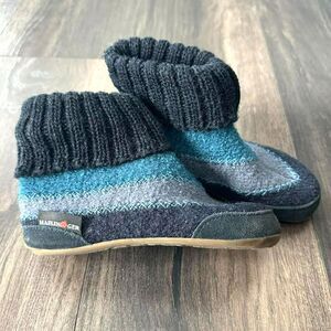 Haflinger Boiled Wool Jesse Hard Sole Slipper Blue Cuffed Boot Youth EU27 US10